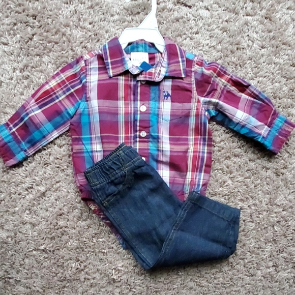 Baby Boy Denim & Plaid Outfit Set - Picture 2 of 3